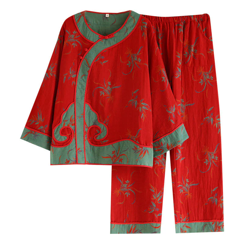 Set di 2 pezzi in patchwork Buddha Stones , camicia con bottoni a rana, pantaloni e tasche in puro cotone - Image 2