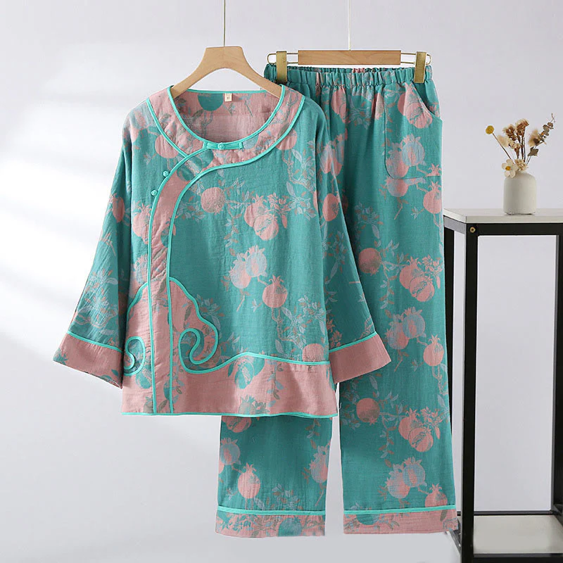 Set di 2 pezzi in patchwork Buddha Stones , camicia con bottoni a rana, pantaloni e tasche in puro cotone - Image 3
