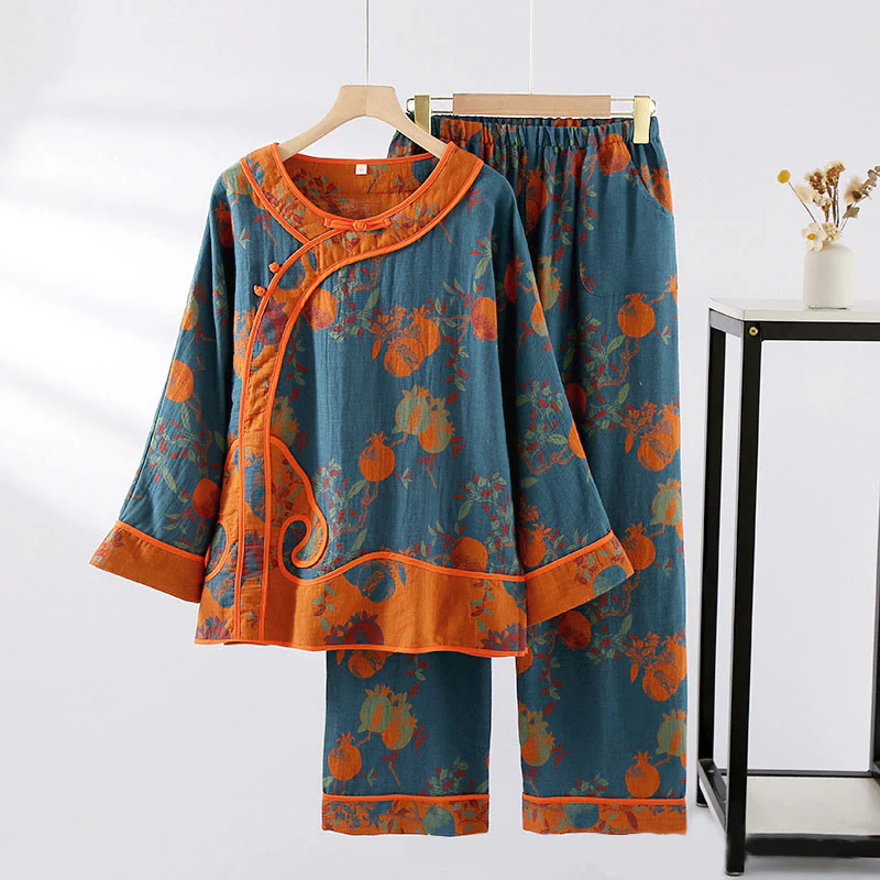 Set di 2 pezzi in patchwork Buddha Stones , camicia con bottoni a rana, pantaloni e tasche in puro cotone - Image 4