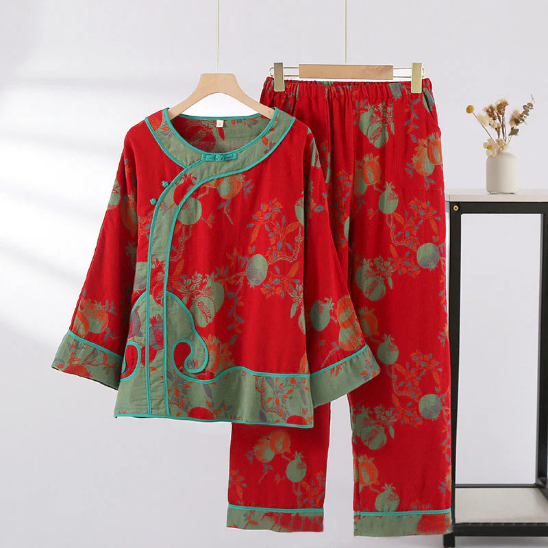 Set di 2 pezzi in patchwork Buddha Stones , camicia con bottoni a rana, pantaloni e tasche in puro cotone - Image 5