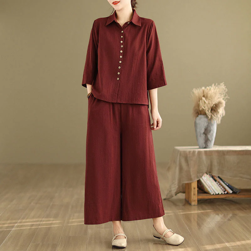 Set di abbigliamento da meditazione casual da donna con camicia e pantaloni larghi e colletto rialzato Buddha Stones 2 pezzi - Image 22