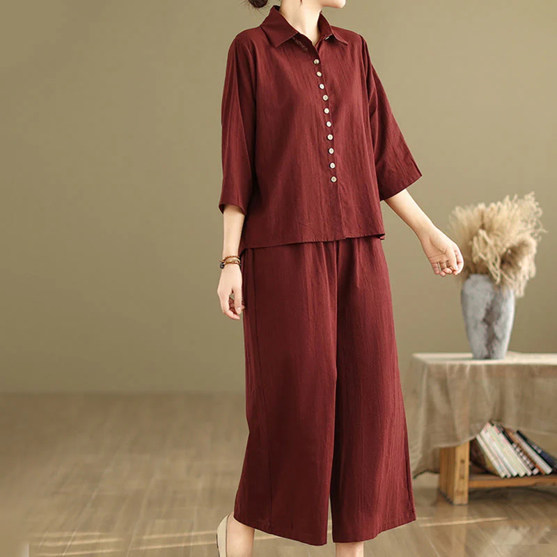 Set di abbigliamento da meditazione casual da donna con camicia e pantaloni larghi e colletto rialzato Buddha Stones 2 pezzi - Image 23
