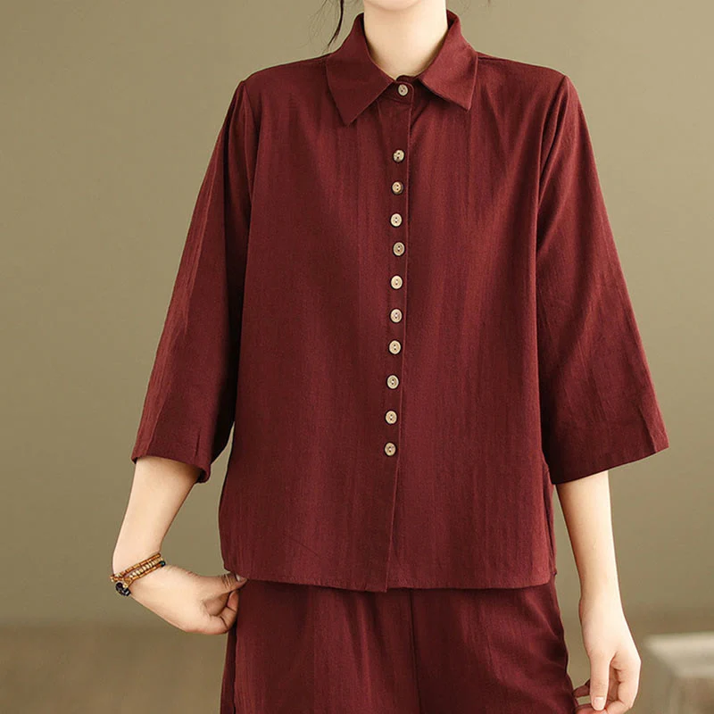 Set di abbigliamento da meditazione casual da donna con camicia e pantaloni larghi e colletto rialzato Buddha Stones 2 pezzi - Image 26