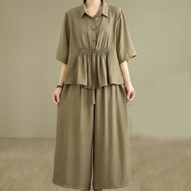 Set di abbigliamento da meditazione casual da donna con camicia e pantaloni larghi e colletto rialzato Buddha Stones 2 pezzi - Image 13