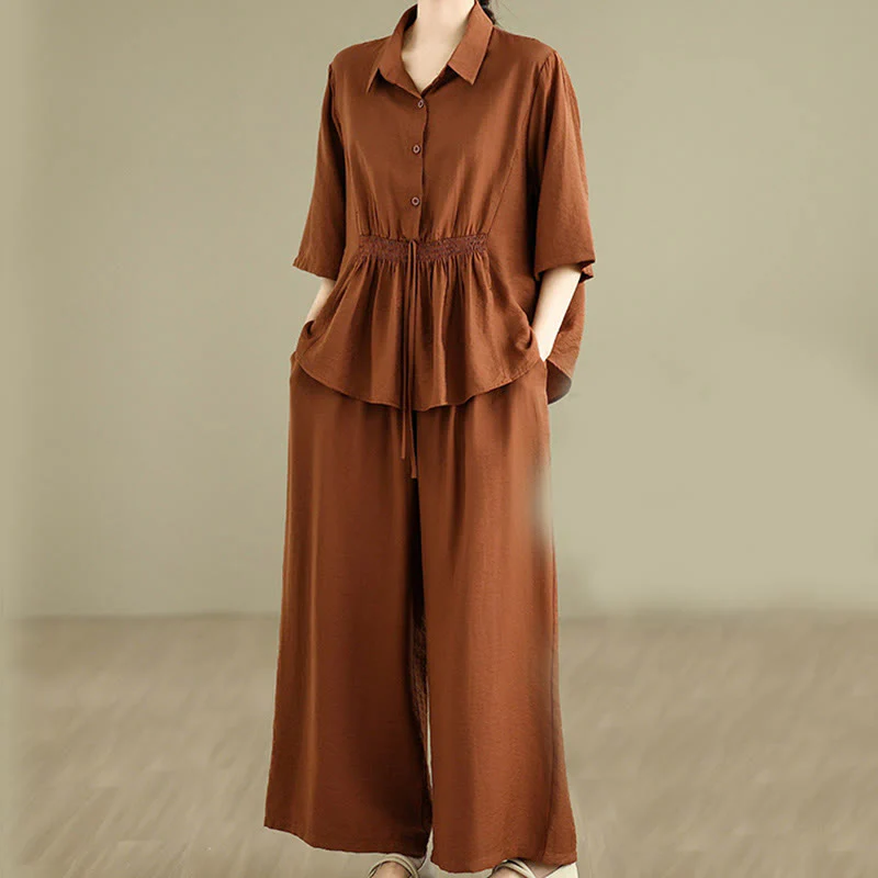 Set di abbigliamento da meditazione casual da donna con camicia e pantaloni larghi e colletto rialzato Buddha Stones 2 pezzi - Image 2
