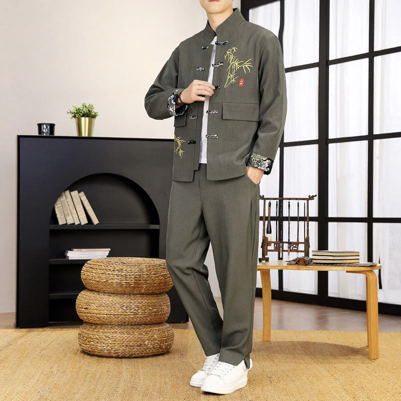 Set di abbigliamento da uomo con camicia a maniche lunghe e pantaloni, in bambù, con bottoni a rana, 2 pezzi, motivo : Buddha Stones - Image 15