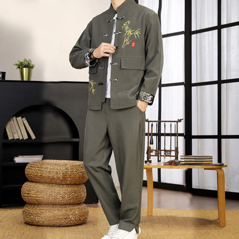 Set di abbigliamento da uomo con camicia a maniche lunghe e pantaloni, in bambù, con bottoni a rana, 2 pezzi, motivo : Buddha Stones - Image 16
