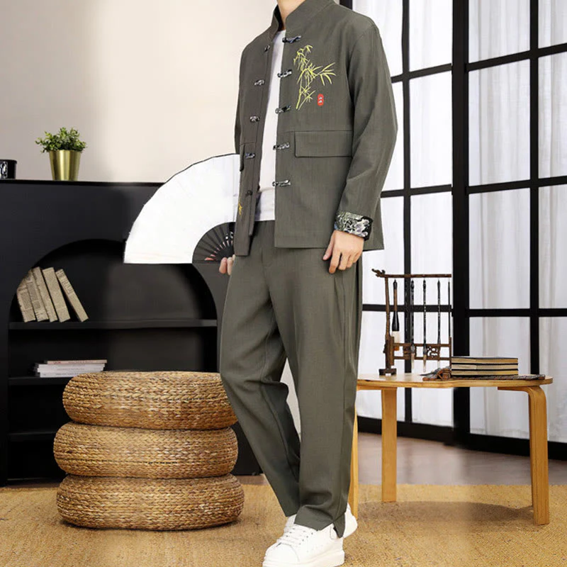 Set di abbigliamento da uomo con camicia a maniche lunghe e pantaloni, in bambù, con bottoni a rana, 2 pezzi, motivo : Buddha Stones - Image 17