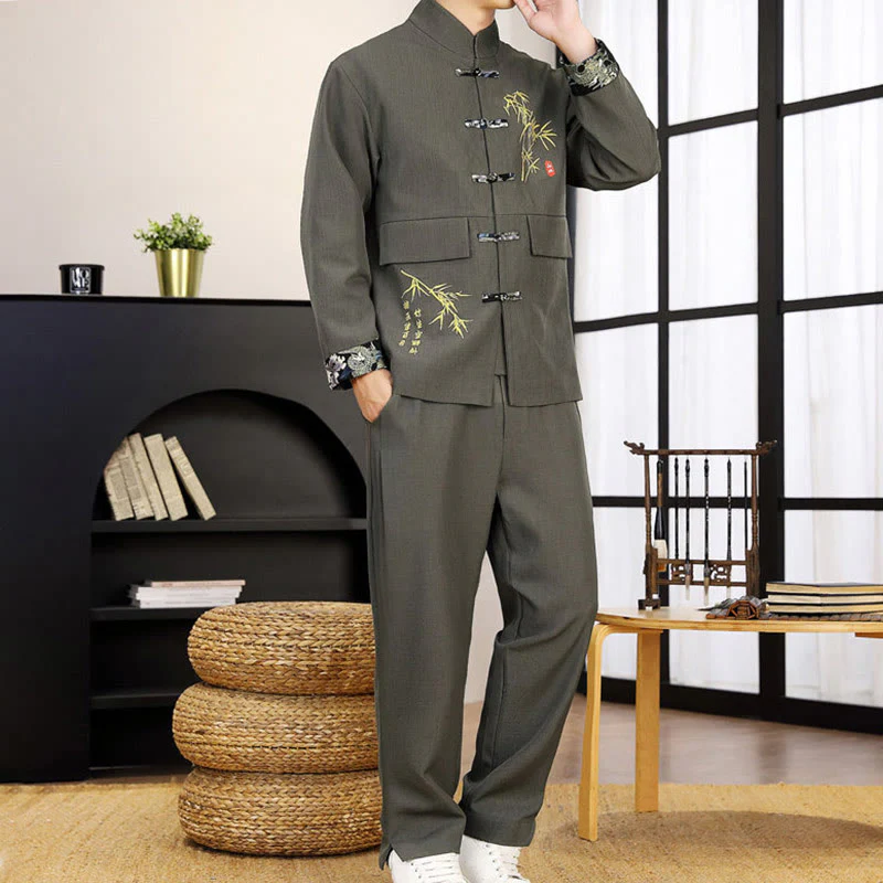 Set di abbigliamento da uomo con camicia a maniche lunghe e pantaloni, in bambù, con bottoni a rana, 2 pezzi, motivo : Buddha Stones - Image 18