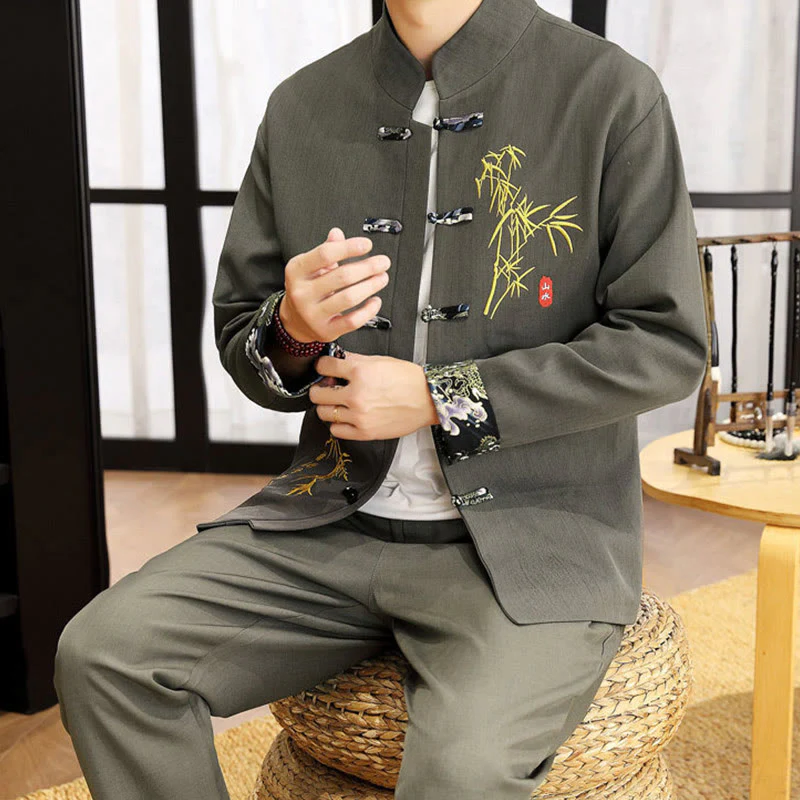 Set di abbigliamento da uomo con camicia a maniche lunghe e pantaloni, in bambù, con bottoni a rana, 2 pezzi, motivo : Buddha Stones - Image 19