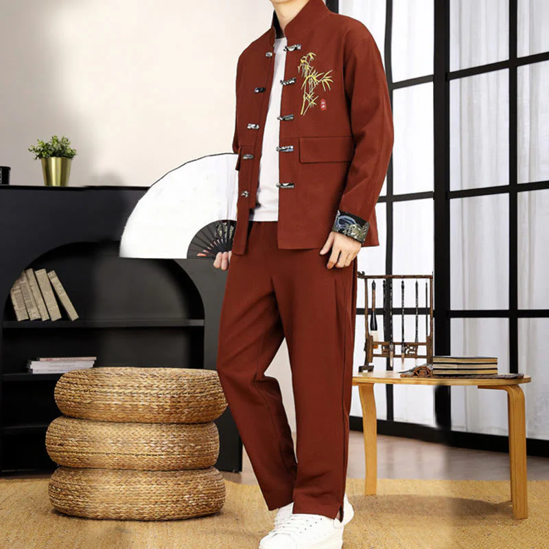 Set di abbigliamento da uomo con camicia a maniche lunghe e pantaloni, in bambù, con bottoni a rana, 2 pezzi, motivo : Buddha Stones - Image 26