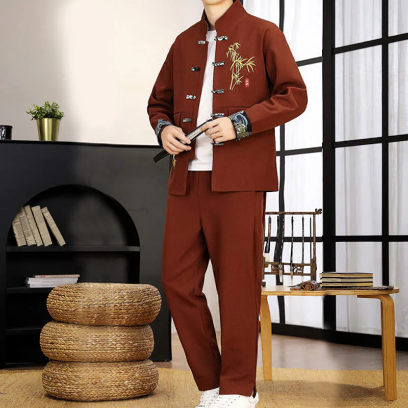 Set di abbigliamento da uomo con camicia a maniche lunghe e pantaloni, in bambù, con bottoni a rana, 2 pezzi, motivo : Buddha Stones - Image 27