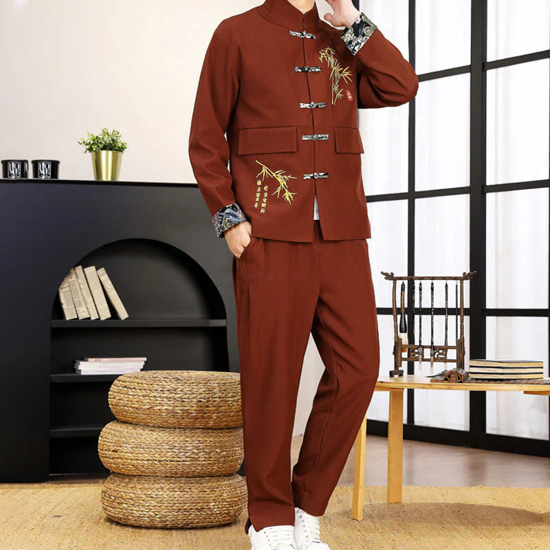 Set di abbigliamento da uomo con camicia a maniche lunghe e pantaloni, in bambù, con bottoni a rana, 2 pezzi, motivo : Buddha Stones - Image 28