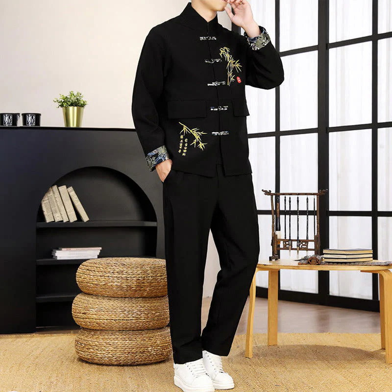 Set di abbigliamento da uomo con camicia a maniche lunghe e pantaloni, in bambù, con bottoni a rana, 2 pezzi, motivo : Buddha Stones - Image 3