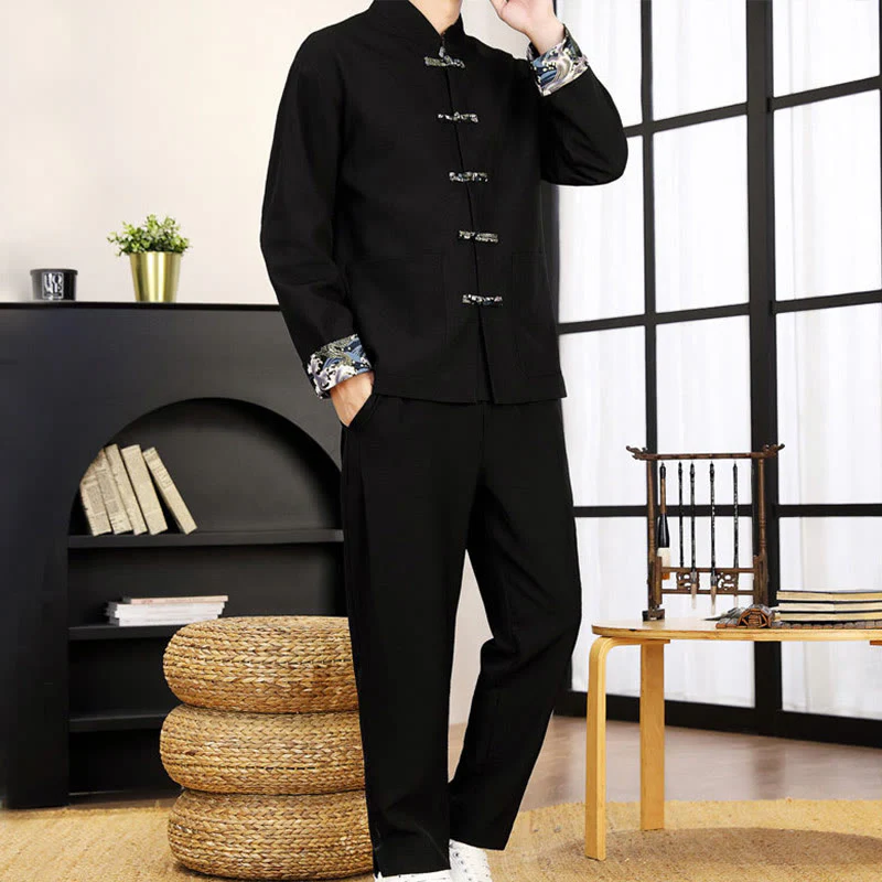 Set di abbigliamento da uomo con pantaloni e camicia a maniche lunghe con onde e bottoni a rana, 2 pezzi, motivo Buddha Stones - Image 15