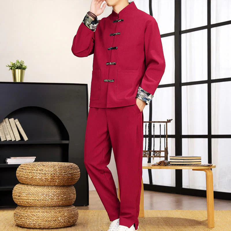 Set di abbigliamento da uomo con pantaloni e camicia a maniche lunghe con onde e bottoni a rana, 2 pezzi, motivo Buddha Stones - Image 26