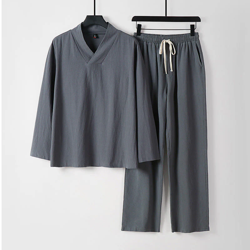 Set di abbigliamento da uomo con pantaloni e top in cotone con colletto incrociato Buddha Stones
