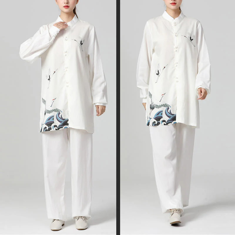 Set di abbigliamento per la pratica Buddha Stones White Crane Sea Cotton Linen Meditazione Preghiera Spirituale Zen Tai Chi Qigong - Image 4