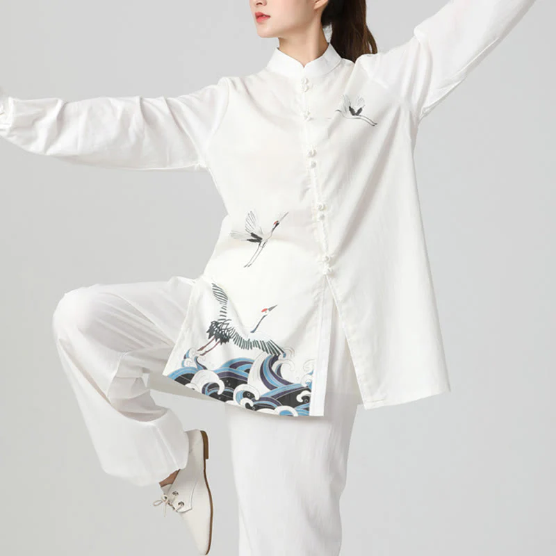Set di abbigliamento per la pratica Buddha Stones White Crane Sea Cotton Linen Meditazione Preghiera Spirituale Zen Tai Chi Qigong - Image 5