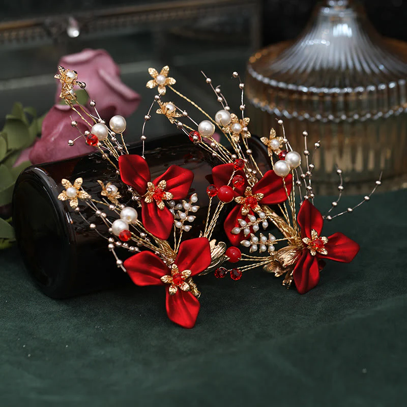 Set di fermagli per capelli con perle e fiori rossi da sposa in stile cinese Buddha Stones - Image 3