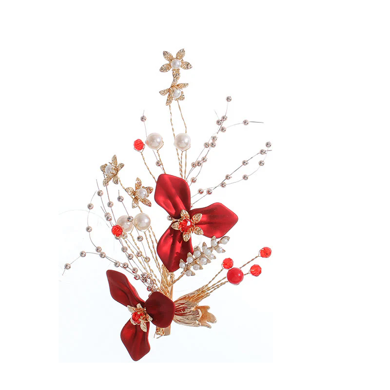 Set di fermagli per capelli con perle e fiori rossi da sposa in stile cinese Buddha Stones - Image 4