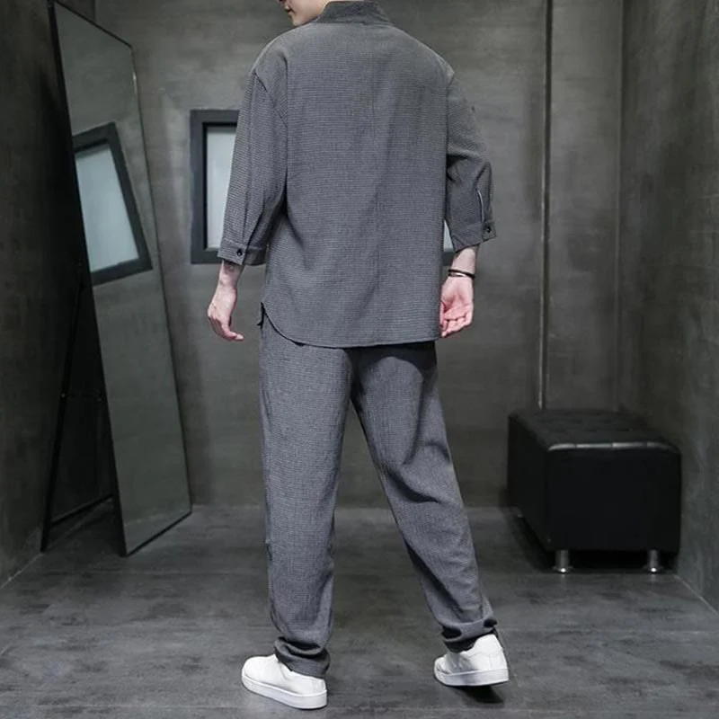 Set di pantaloni casual da uomo con scollo a V e maniche a tre quarti, tinta unita, motivo Buddha Stones - Image 20