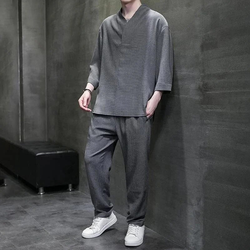 Set di pantaloni casual da uomo con scollo a V e maniche a tre quarti, tinta unita, motivo Buddha Stones - Image 23