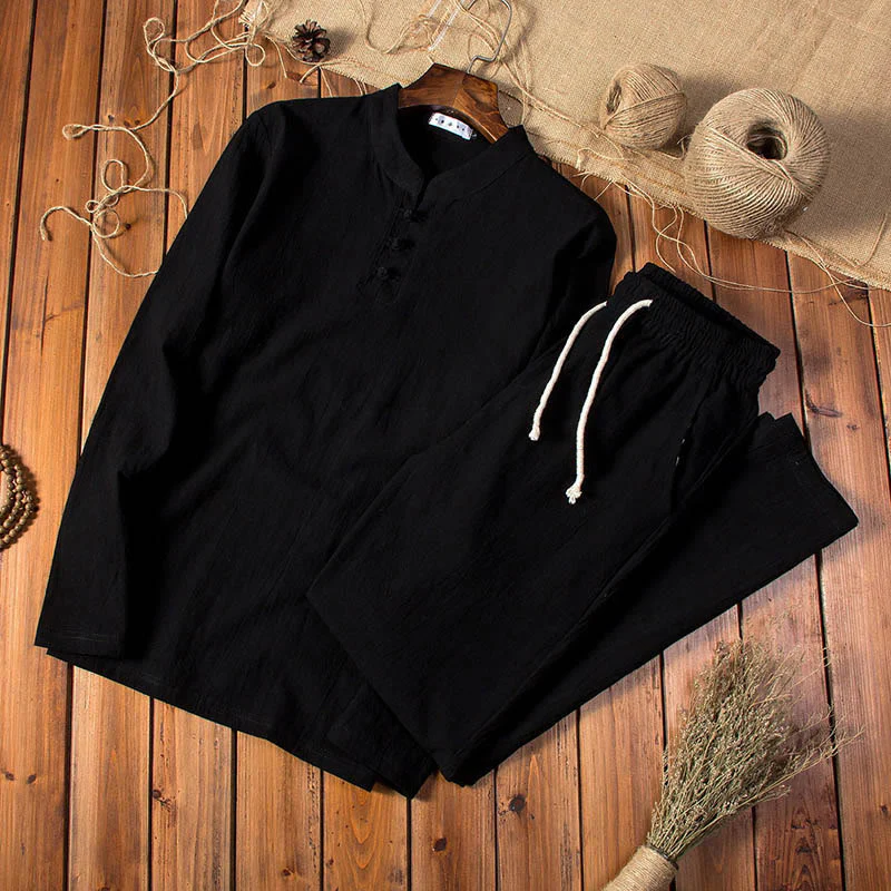 Set di abbigliamento da uomo con pantaloni e top a maniche lunghe color puro Buddha Stones - Image 10