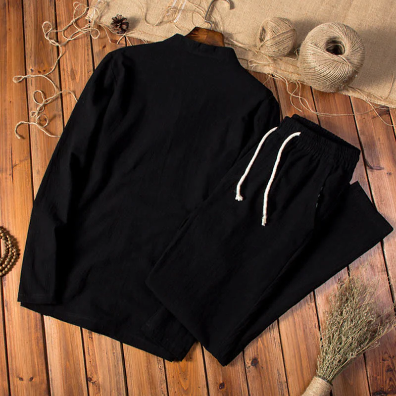 Set di abbigliamento da uomo con pantaloni e top a maniche lunghe color puro Buddha Stones - Image 11