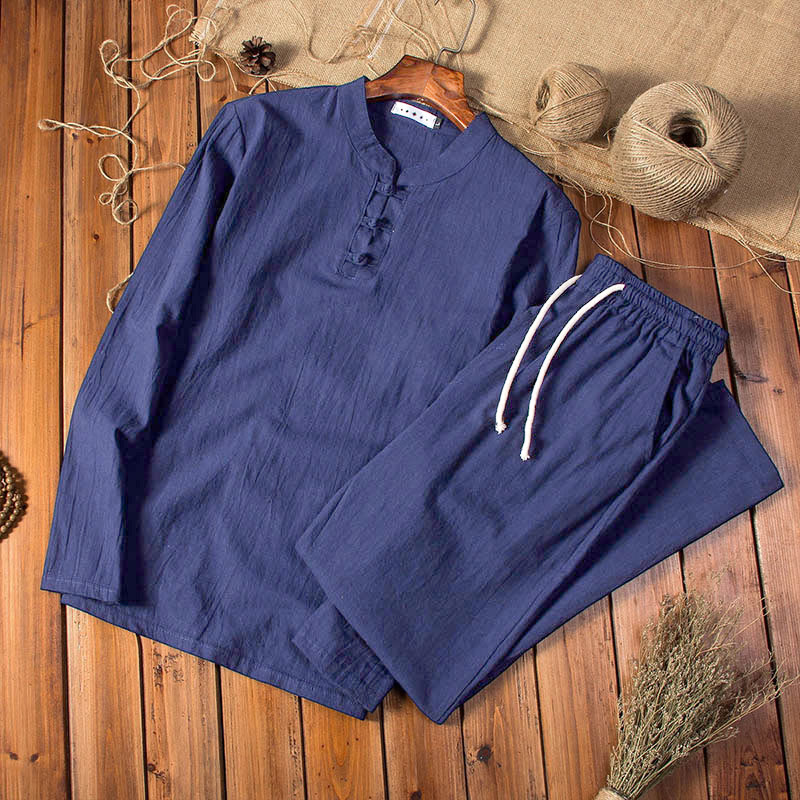 Set di abbigliamento da uomo con pantaloni e top a maniche lunghe color puro Buddha Stones - Image 12