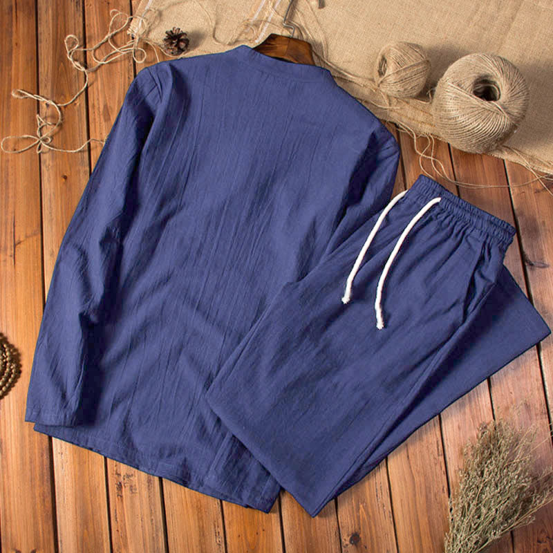 Set di abbigliamento da uomo con pantaloni e top a maniche lunghe color puro Buddha Stones - Image 13