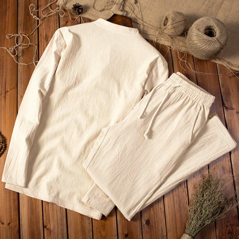 Set di abbigliamento da uomo con pantaloni e top a maniche lunghe color puro Buddha Stones - Image 2