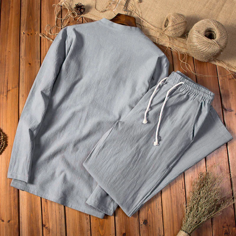 Set di abbigliamento da uomo con pantaloni e top a maniche lunghe color puro Buddha Stones - Image 9
