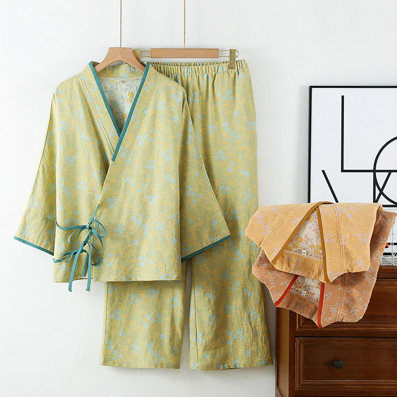 Set pigiama in cotone con maniche lunghe, pantaloni e camicia con scollo a V, motivo floreale colorato Buddha Stones, 2 pezzi, con tasche