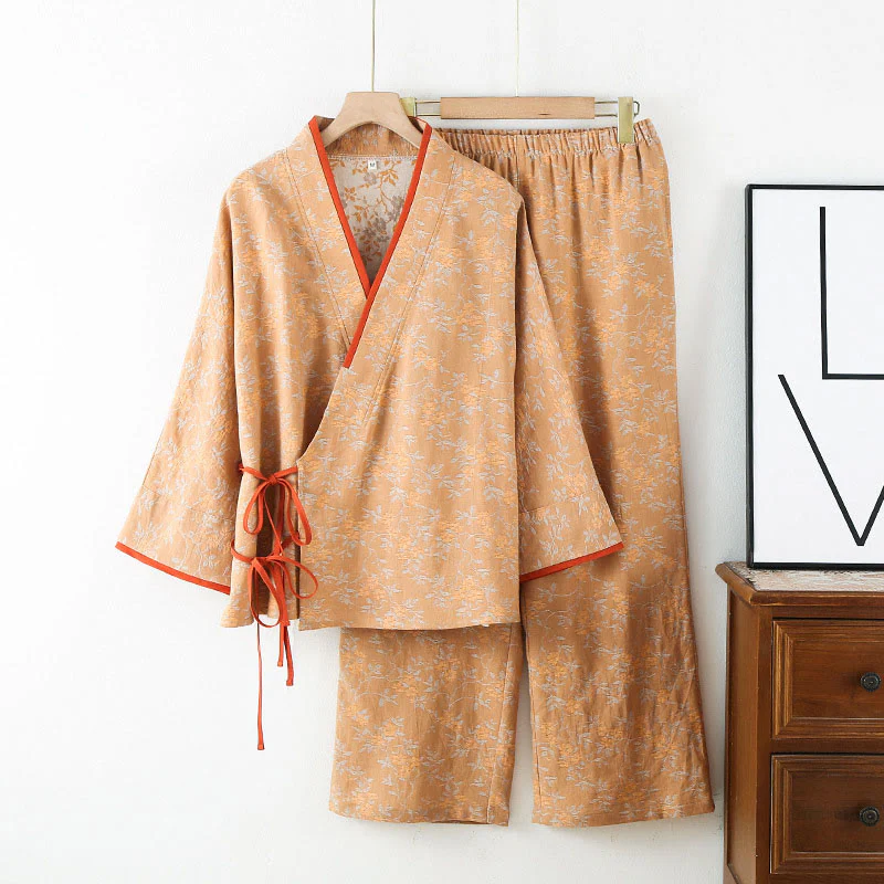 Set pigiama in cotone con maniche lunghe, pantaloni e camicia con scollo a V, motivo floreale colorato Buddha Stones, 2 pezzi, con tasche - Image 13