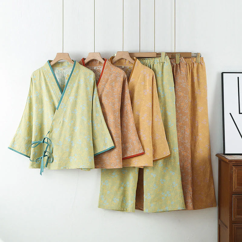 Set pigiama in cotone con maniche lunghe, pantaloni e camicia con scollo a V, motivo floreale colorato Buddha Stones, 2 pezzi, con tasche - Image 14