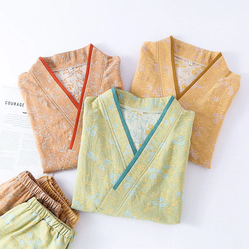 Set pigiama in cotone con maniche lunghe, pantaloni e camicia con scollo a V, motivo floreale colorato Buddha Stones, 2 pezzi, con tasche - Image 15