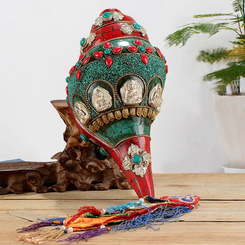 Shankha tibetano fatto a mano Om Mani Padme Hum Buddha Avalokitesvara Turchese Conchiglia Decorazione positiva