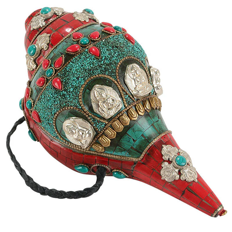 Shankha tibetano fatto a mano Om Mani Padme Hum Buddha Avalokitesvara Turchese Conchiglia Decorazione positiva - Image 16