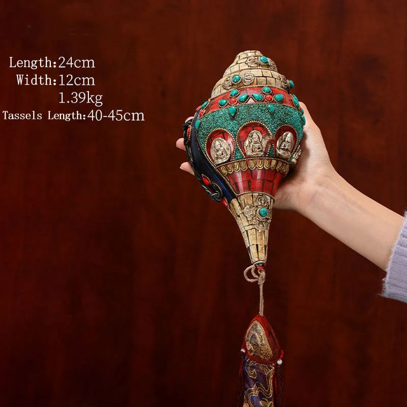 Shankha tibetano fatto a mano Om Mani Padme Hum Buddha Avalokitesvara Turchese Conchiglia Decorazione positiva - Image 17