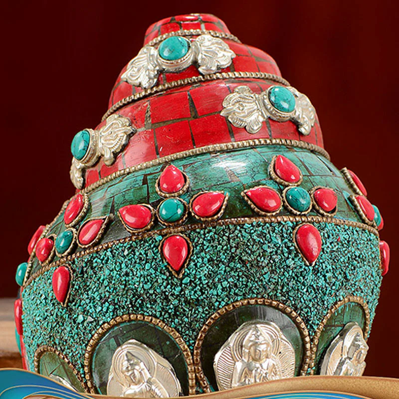 Shankha tibetano fatto a mano Om Mani Padme Hum Buddha Avalokitesvara Turchese Conchiglia Decorazione positiva - Image 6