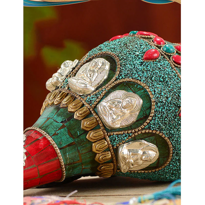 Shankha tibetano fatto a mano Om Mani Padme Hum Buddha Avalokitesvara Turchese Conchiglia Decorazione positiva - Image 8