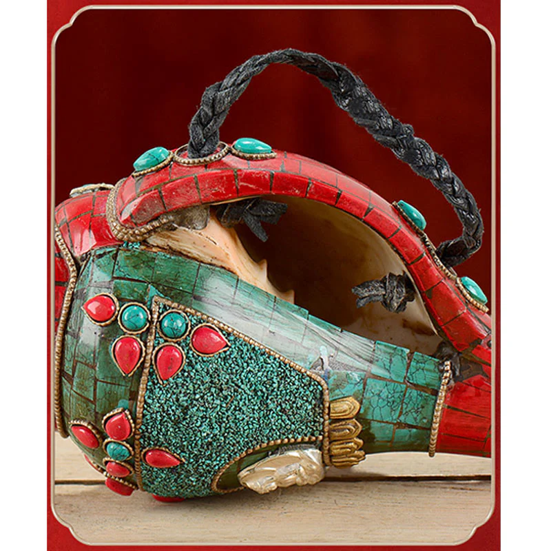Shankha tibetano fatto a mano Om Mani Padme Hum Buddha Avalokitesvara Turchese Conchiglia Decorazione positiva - Image 9