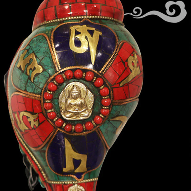 Shankha tibetano fatto a mano Om Mani Padme Hum Buddha Conch Shell Decorazione fortunata - Image 11