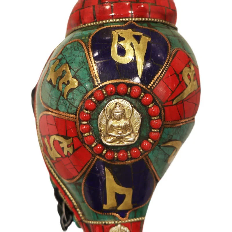 Shankha tibetano fatto a mano Om Mani Padme Hum Buddha Conch Shell Decorazione fortunata - Image 15