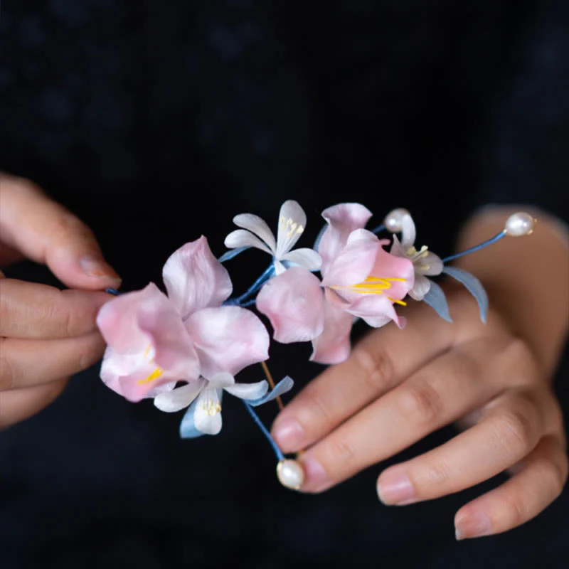 Spilla per capelli con fiore di Buddha Stones fatto a mano in seta di gelso, iris rosa - Image 5
