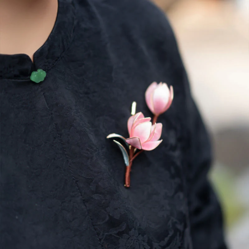Spilla per capelli in Buddha Stones, fiore di velluto di Yangzhou, fatto a mano, con magnolia viola - Image 2