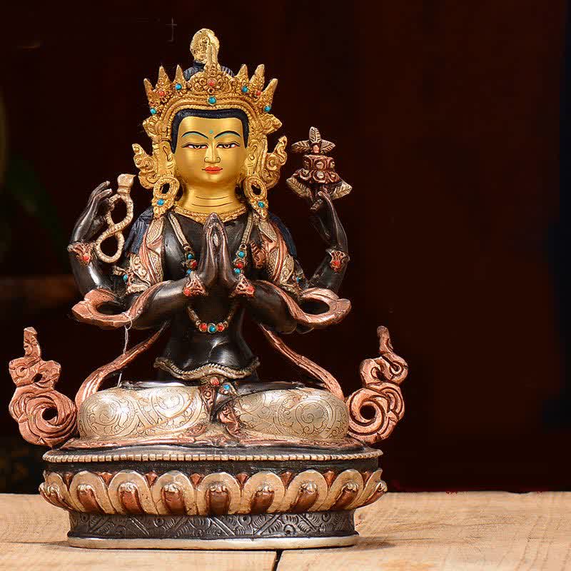 Statua di rame di protezione di Avalokitesvara a quattro braccia del Bodhisattva Chenrezig Decorazione - Image 5