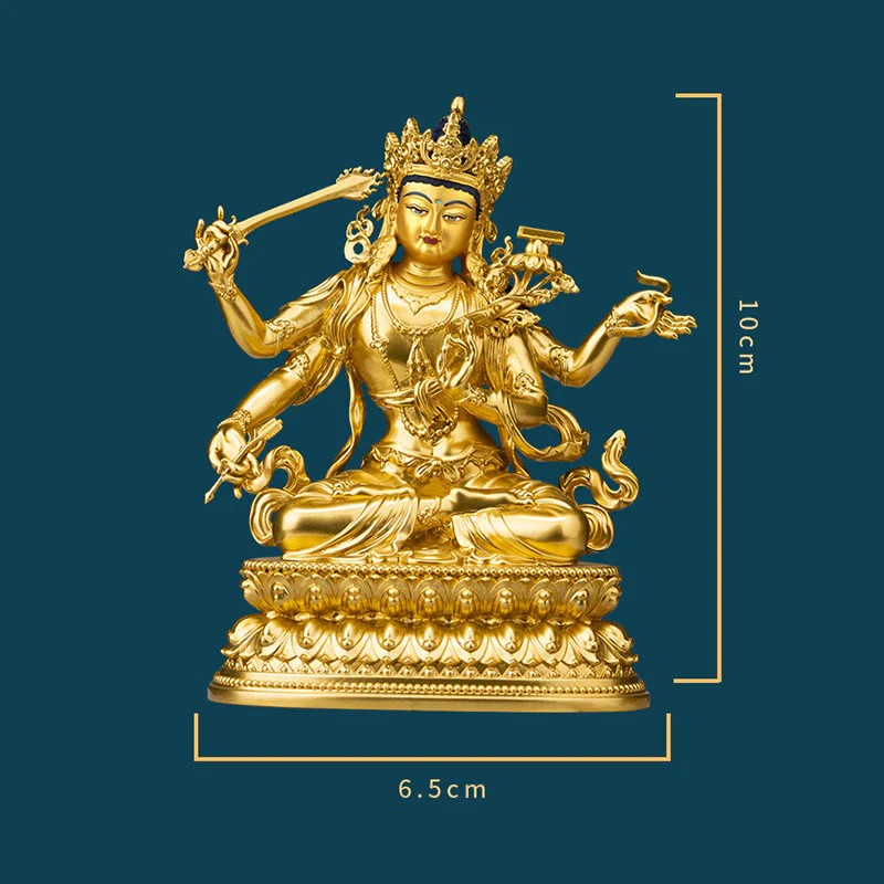 Statua in rame della compassione e serenità del Bodhisattva Manjusri a quattro braccia, statuetta in oro, decorazione per la casa - Image 10