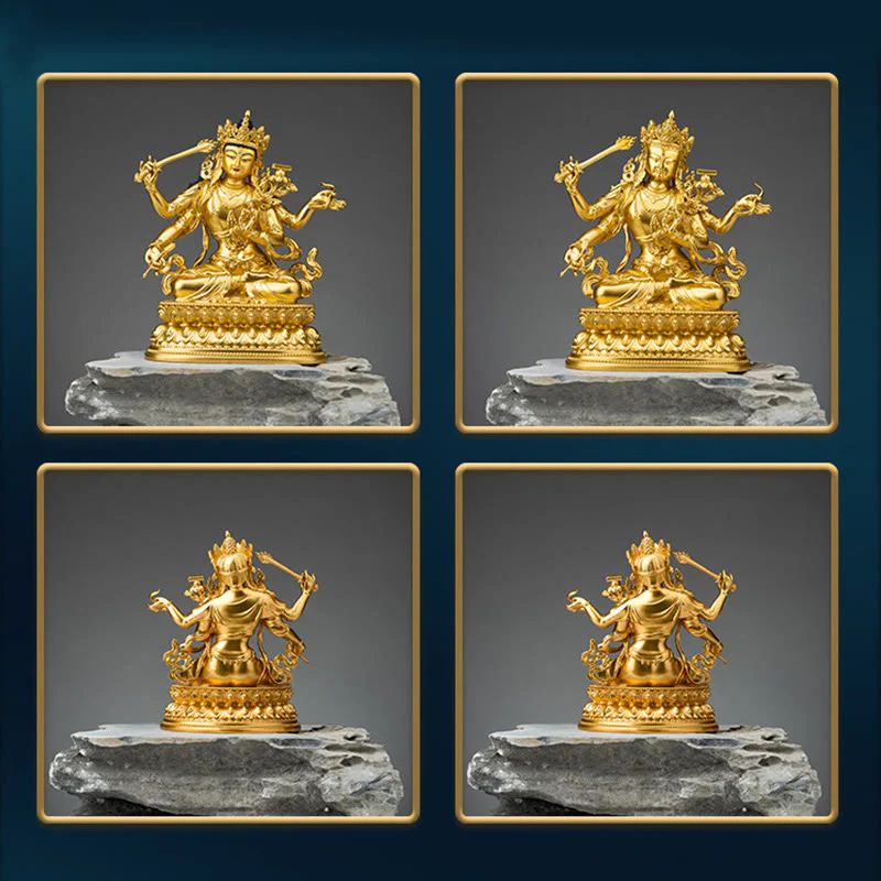 Statua in rame della compassione e serenità del Bodhisattva Manjusri a quattro braccia, statuetta in oro, decorazione per la casa - Image 11